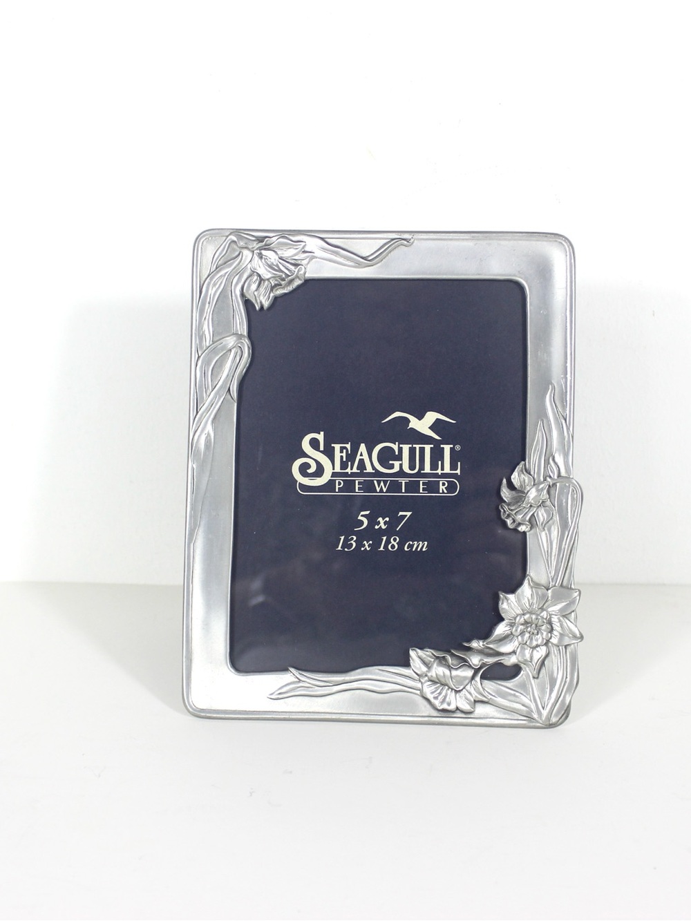 Vintage Pewter Picture Frame 5 x 7 Large, Seagull Daffodil Easel, Table Top Phot
